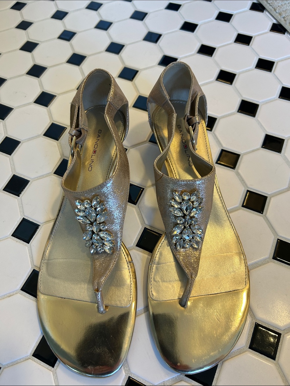Bandolino Metallic Gold Jeweled T-Strap Sandals